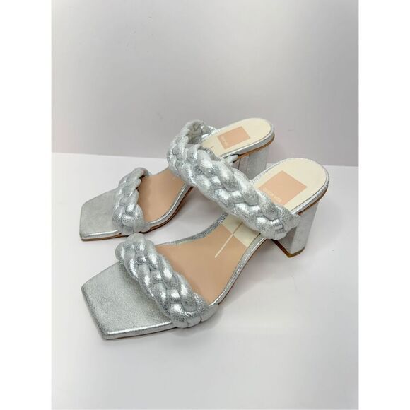 Dolce Vita Sandals Womens Size 6 Silver Slip On Braided Square Toe Heels - Picture 3 of 10